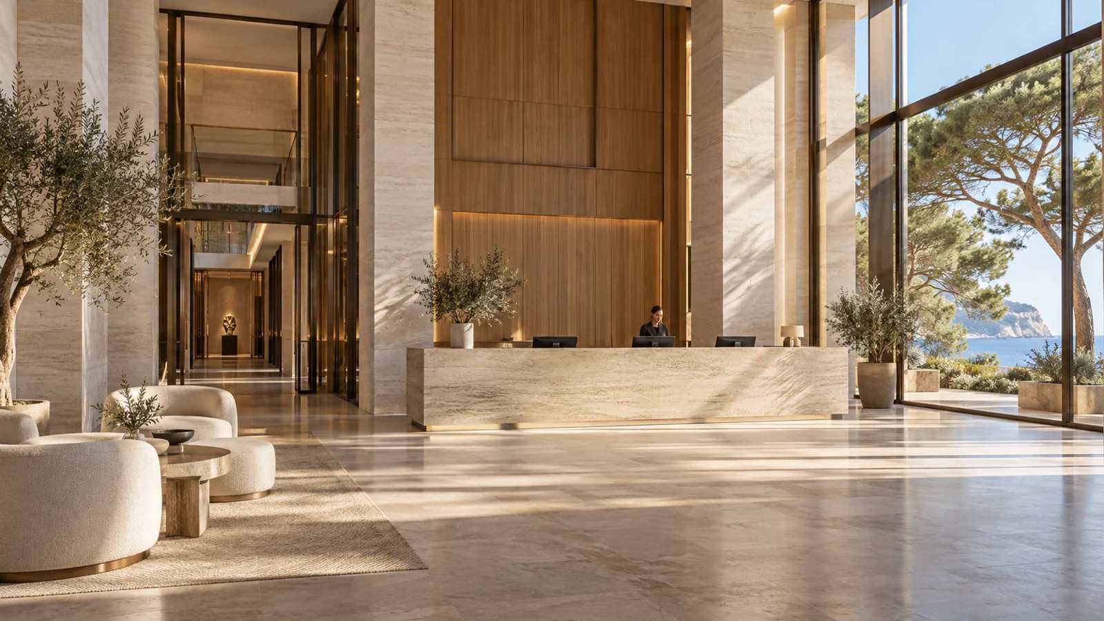 Architectural illustration of a Mediterranean hotel lobby