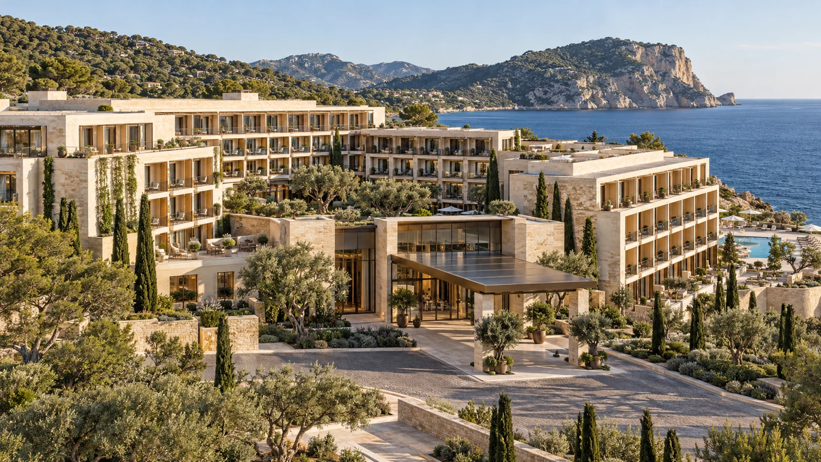 Illustrative Mediterranean hotel overlooking a coastal bay
